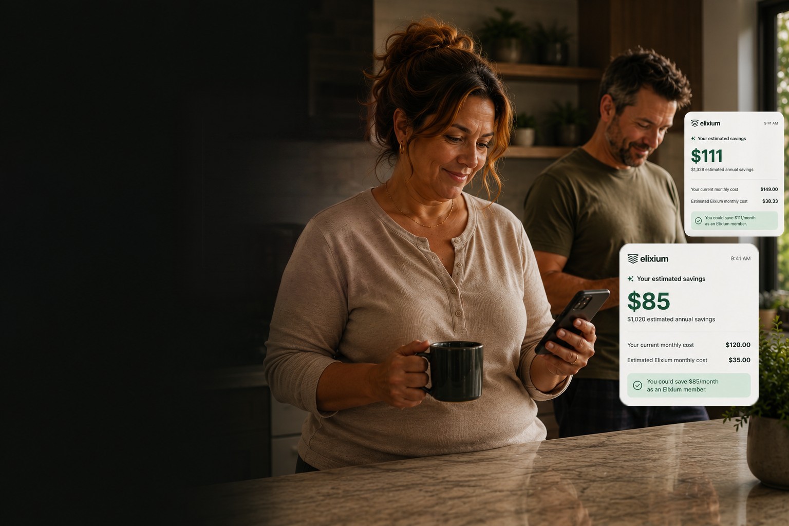 Two people checking their phones at a kitchen counter