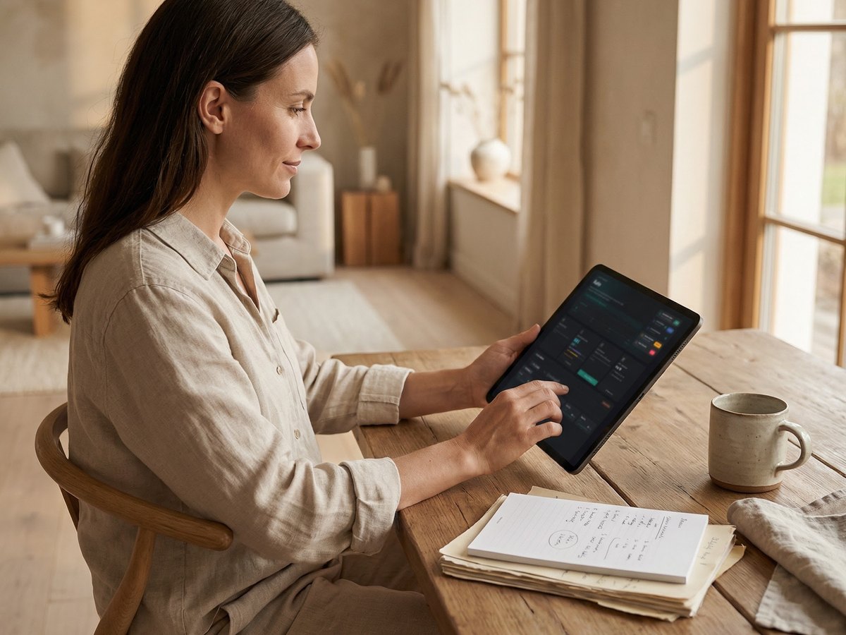 A member reviewing her health data on a tablet at her kitchen table