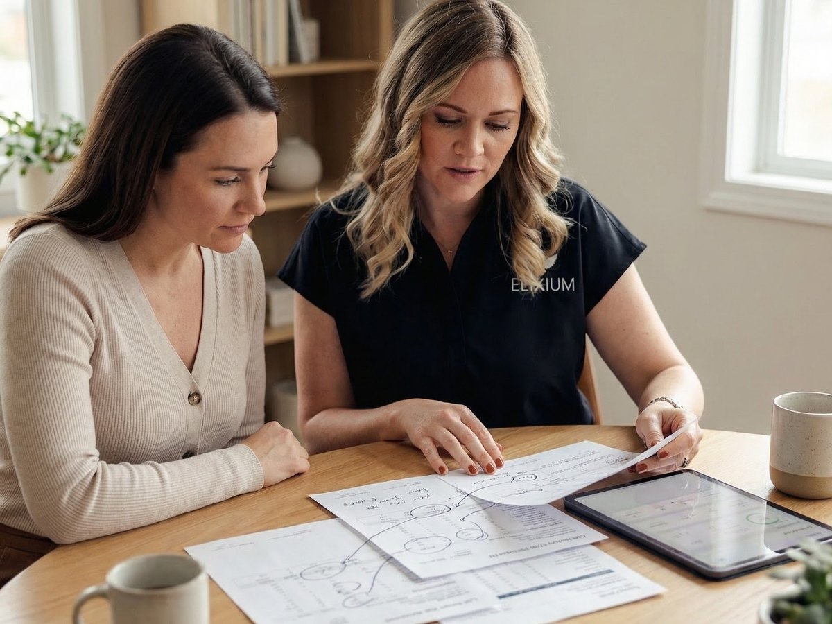 An Elixium care team member reviewing lab results with a member at a table